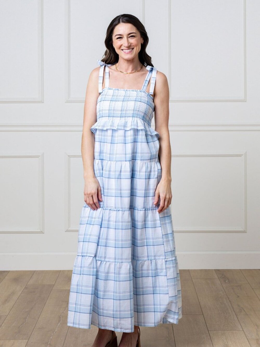 Hope & Henry Smocked Tiered Organic Dress - Classic Blue Tonal Plaid